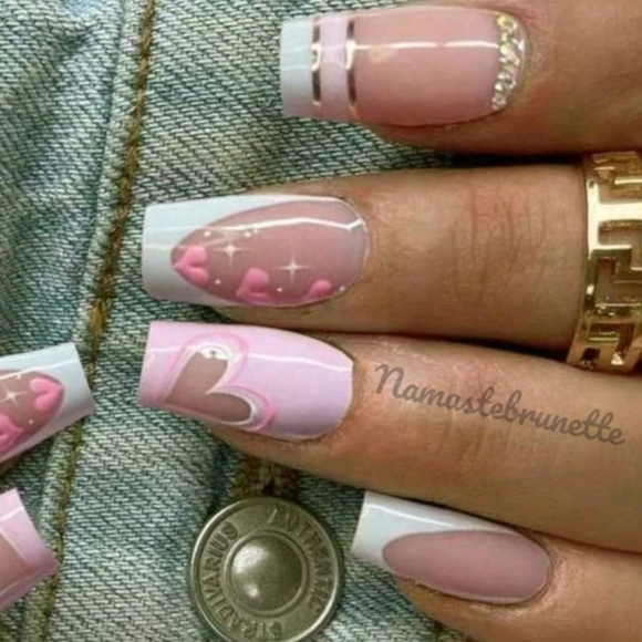 2/$16 Rhinestone Hearts French Manicure Press On Nails - Picture 1 of 14